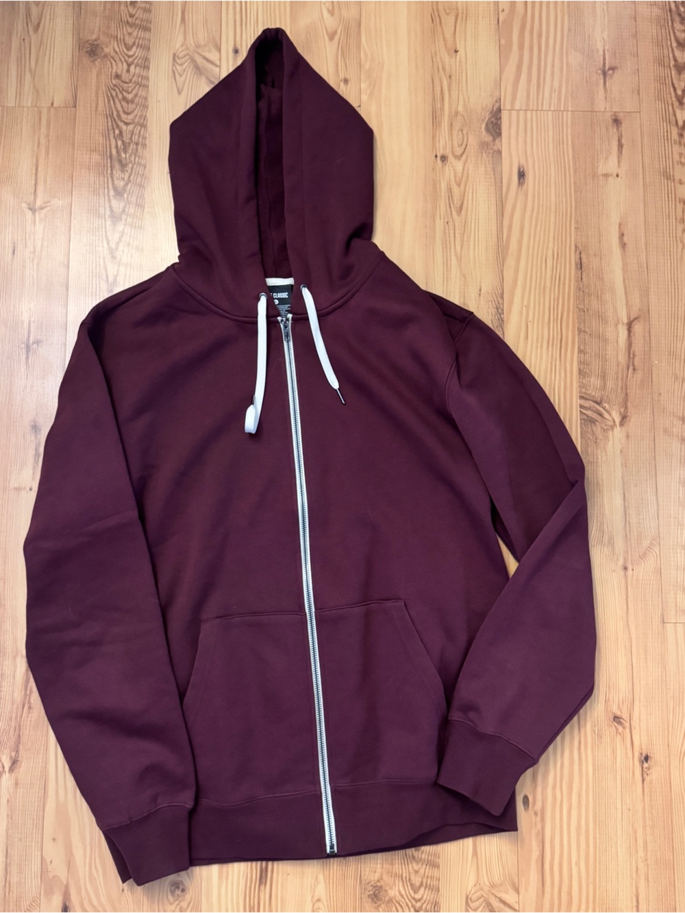 Men's Burgundy Full-Zip Hoodie with Contrast Drawstrings